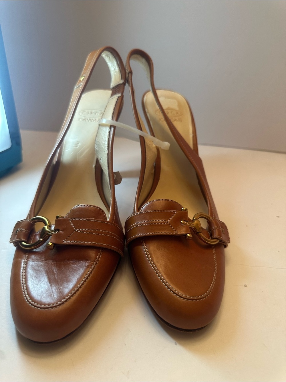 Women's Tan Leather Slingback Mules with Gold Bit Detail